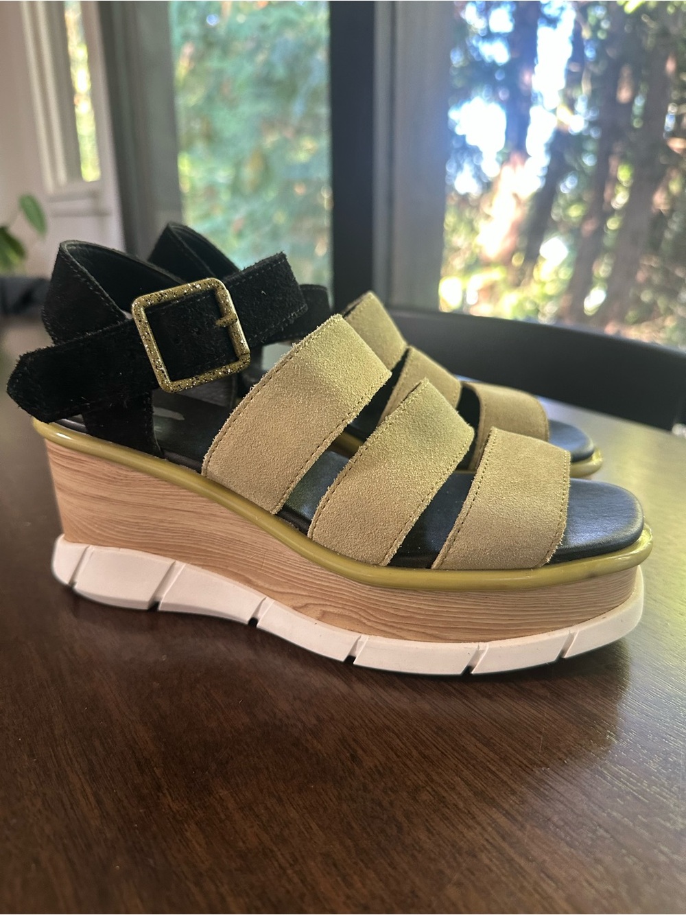 Sorel Joanie III Strappy Wedge Platform Sandals Olive Green & Black 6.5